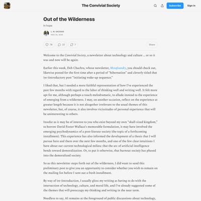 Out of the Wilderness - by L. M. Sacasas