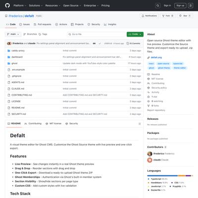 GitHub - ifrederico/defalt: Open source Ghost theme editor with live preview. Customize the Source theme and export ready-to...