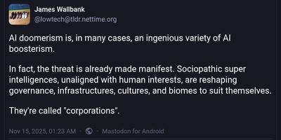 James Wallbank: "AI doomerism is, in many cases…" - tldr.nettime