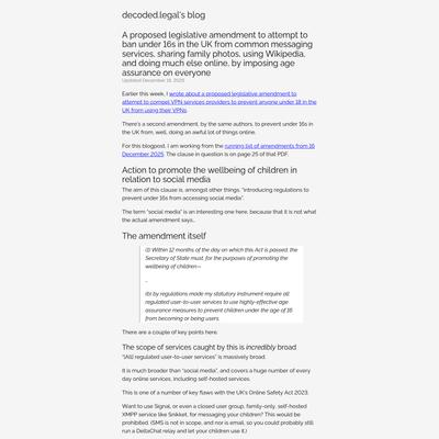 A proposed legislative amendment to attempt to ban under 16s in the UK from common messaging services, sharing family photos, using Wikipedia, and doing much else online, by imposing age assurance on everyone