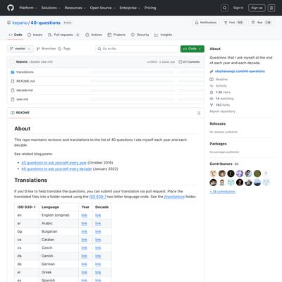 GitHub - kepano/40-questions: Questions that I ask myself at the end of each year and each decade.