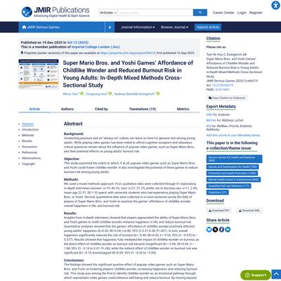 Super Mario Bros. and Yoshi Games’ Affordance of Childlike Wonder and Reduced Burnout Risk in Young Adults: In-Depth Mixed M...