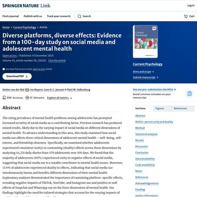 Diverse platforms, diverse effects: Evidence from a 100-day study on social media and adolescent mental health - Current Psy...