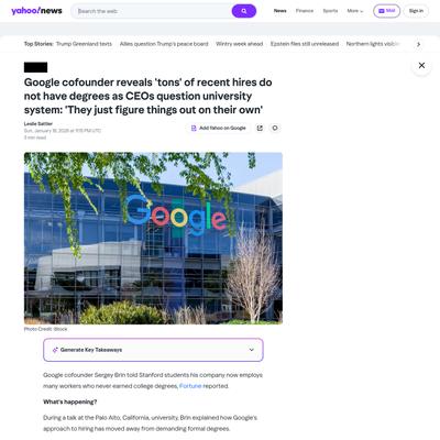 Google cofounder reveals 'tons' of recent hires do not have degrees as CEOs question university system: 'They just figure things out on their own'