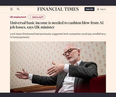 Universal basic income is needed to cushion blow from AI job losses, says UK minister