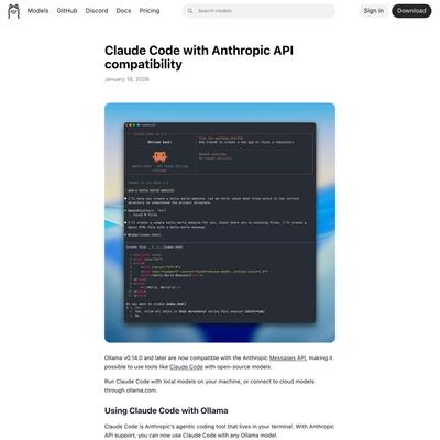 Claude Code with Anthropic API compatibility · Ollama Blog