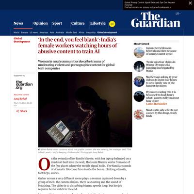 ‘In the end, you feel blank’: India’s female workers watching hours of abusive content to train AI | Global development | The Guardian