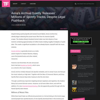 Anna's Archive Quietly 'Releases' Millions of Spotify Tracks, Despite Legal Pushback * TorrentFreak