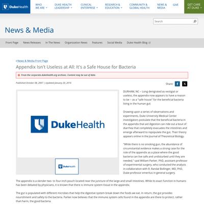 Appendix Isn't Useless at All: It's a Safe House for Bacteria | Duke Health