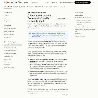 Continue local sessions from any device with Remote Control - Claude Code Docs