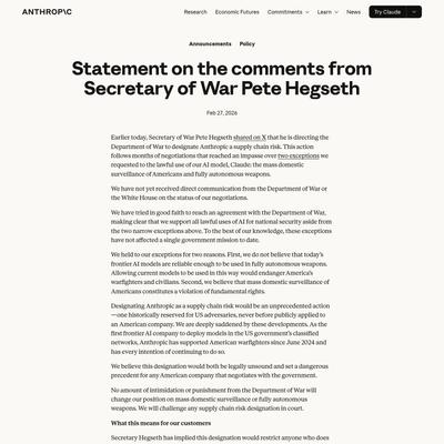 Statement on the comments from Secretary of War Pete Hegseth \ Anthropic