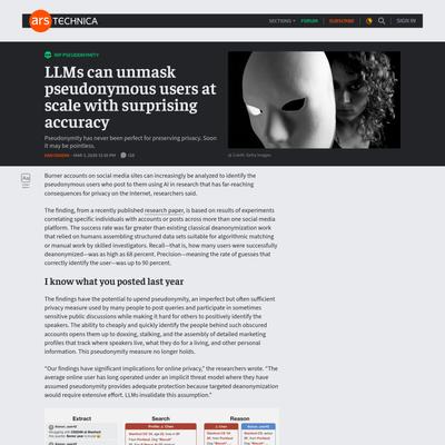 LLMs can unmask pseudonymous users at scale with surprising accuracy - Ars Technica