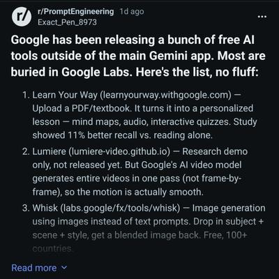 Google has been releasing a bunch of free AI tools outside of the main Gemini app. Most are buried in Google Labs. Here's the list, no fluff: : r/PromptEngineering
