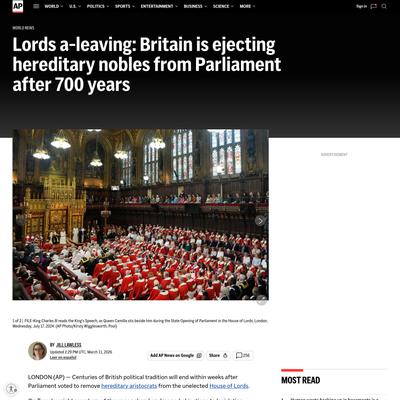 The UK is ejecting hereditary nobles from Parliament after 700 years | AP News