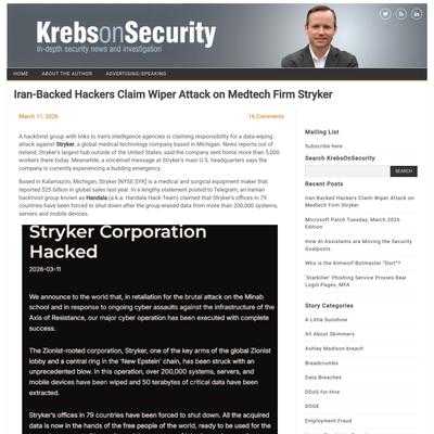 Iran-Backed Hackers Claim Wiper Attack on Medtech Firm Stryker – Krebs on Security