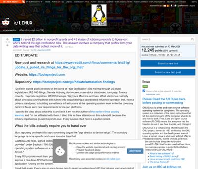 I traced $2 billion in nonprofit grants and 45 states of lobbying records to figure out who's behind the age verification bills. The answer involves a company that profits from your data writing laws that collect more of it. : linux