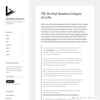 TfE: On Post-Searlean Critiques of LLMs