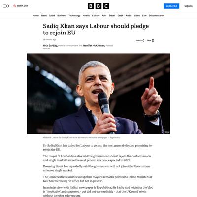 Sadiq Khan says Labour should pledge to rejoin EU - BBC News