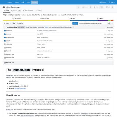robida/human.json: A lightweight protocol for humans to assert authorship of their website content and vouch for the humanity of others. - Codeberg.org