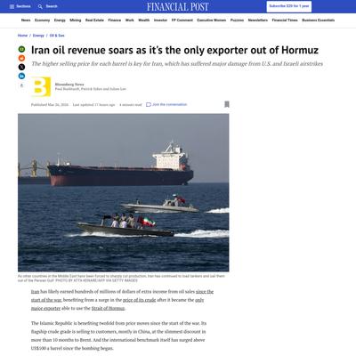 Iran oil revenue soars as the only exporter out of Hormuz | Financial Post