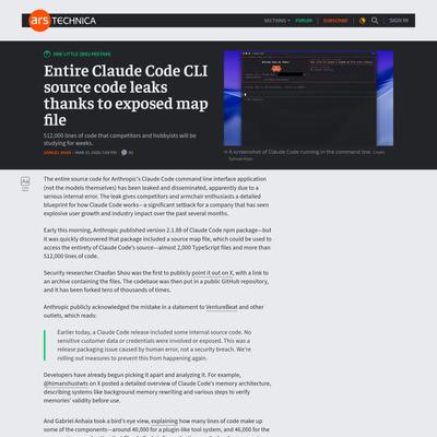 Entire Claude Code CLI source code leaks thanks to exposed map file - Ars Technica