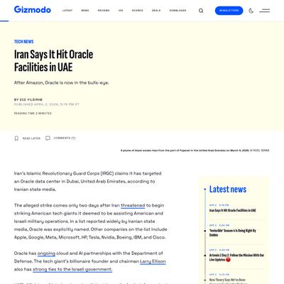 Iran Says It Hit Oracle Facilities in UAE