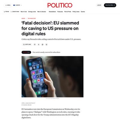 ‘Fatal decision’: EU slammed for caving to US pressure on digital rules – POLITICO