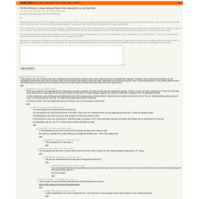 Tell HN: Anthropic no longer allowing Claude Code subscriptions to use OpenClaw | Hacker News