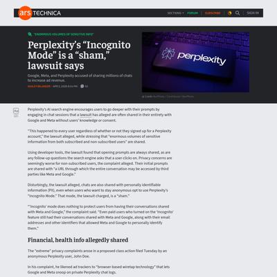 Perplexity's "Incognito Mode" is a "sham," lawsuit says - Ars Technica