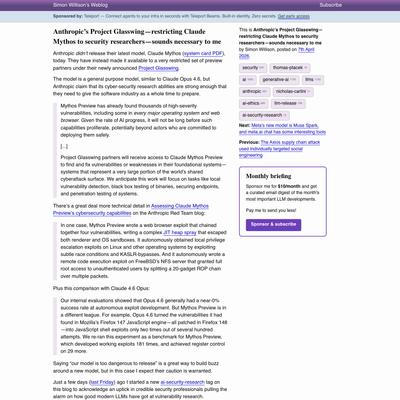 Anthropic’s Project Glasswing—restricting Claude Mythos to security researchers—sounds necessary to me