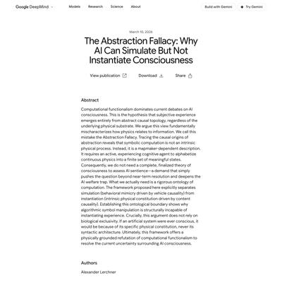 The Abstraction Fallacy: Why AI Can Simulate But Not Instantiate Consciousness — Google DeepMind