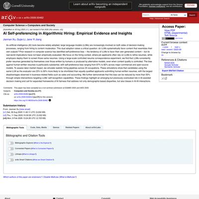 [2509.00462] AI Self-preferencing in Algorithmic Hiring: Empirical Evidence and Insights