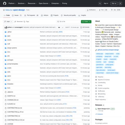 nexu-io/open-design: 🎨 Local-first, open-source alternative to Anthropic's Claude Design. ⚡ 19 Skills · ✨ 71 brand-grade Design Systems 🖼 Generate web · desktop · mobile prototypes · slides · images · videos · HyperFrames 📦 Sandboxed preview · HTML/PDF/PPTX/MP4 export 🤖 Runs on Claude Code / Codex / Cursor / Gemini / OpenCode / Qwen / Copilot / Hermes / Kimi CLI.