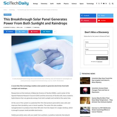 This Breakthrough Solar Panel Generates Power From Both Sunlight and Raindrops