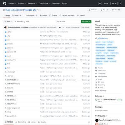 RyjoxTechnologies/Octopoda-OS: The open-source memory operating system for AI agents. Persistent memory, semantic search, loop detection, agent messaging, crash recovery, and real-time observability.