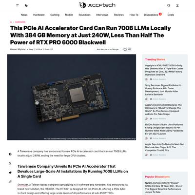 This PCIe AI Accelerator Card Can Run 700B LLMs Locally With 384 GB Memory at Just 240W, Less Than Half The Power of RTX PRO 6000 Blackwell