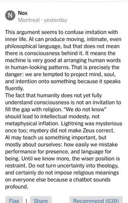 Kevin Van Valkenburg on X: "This reader comment on a NY Times column where Ross Douthat ponders that maybe God is speaking to us through A.I. .... "Lightening was once mysterious too; mystery did not make Zeus correct" is perfect."