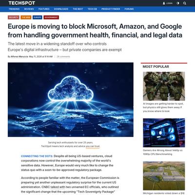 Europe is moving to block Microsoft, Amazon, and Google from handling government health, financial, and legal data | TechSpot