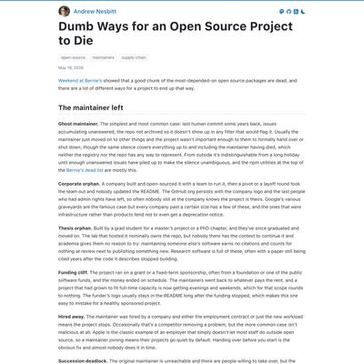 Dumb Ways for an Open Source Project to Die | Andrew Nesbitt