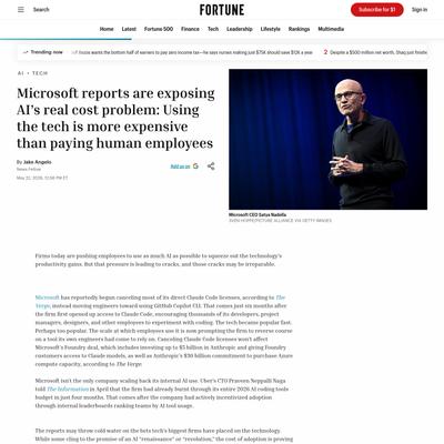 Microsoft reports expose AI's cost problem: The tech is more expensive than paying human employees | Fortune
