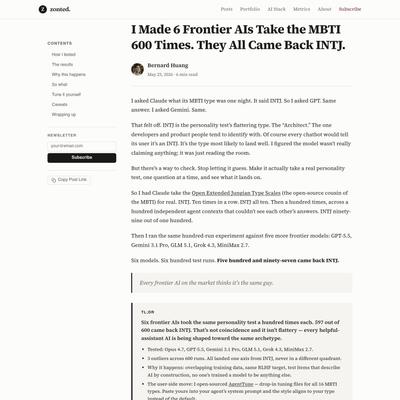I Made 6 Frontier AIs Take the MBTI 600 Times. They All Came Back INTJ.