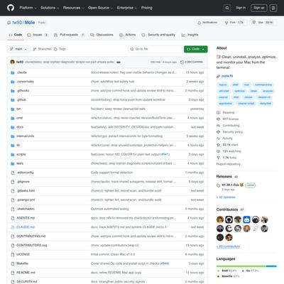 tw93/Mole: 🐹 Clean, uninstall, analyze, optimize, and monitor your Mac from the terminal.