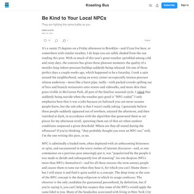 Be Kind to Your Local NPCs - by Drew Austin - Kneeling Bus