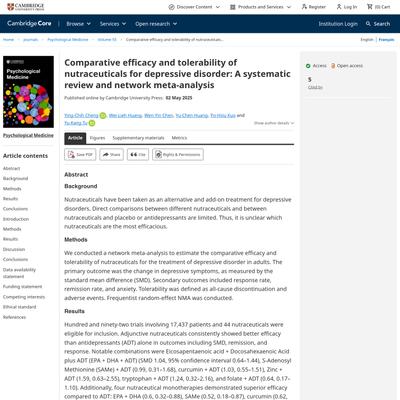 Comparative efficacy and tolerability of nutraceuticals for depressive disorder: A systematic review and network meta-analysis | Psychological Medicine | Cambridge Core