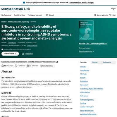 Efficacy, safety, and tolerability of serotonin-norepinephrine reuptake inhibitors in controlling ADHD symptoms: a systematic review and meta-analysis | Middle East Current Psychiatry | Springer Nature Link