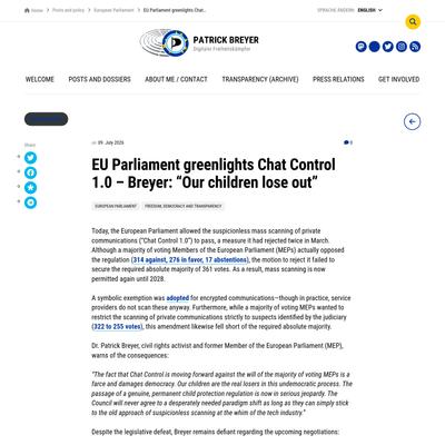EU Parliament greenlights Chat Control 1.0 – Breyer: “Our children lose out” – Patrick Breyer