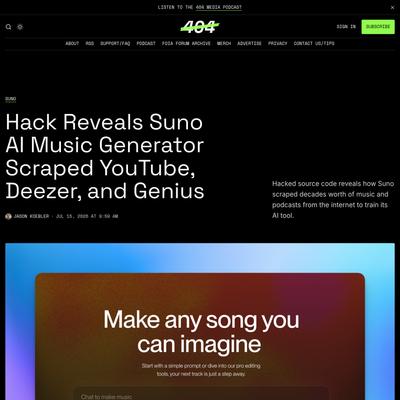 Hack Reveals Suno AI Music Generator Scraped YouTube, Deezer, and Genius