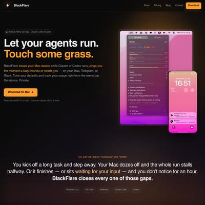 BlackFlare — Keep awake, notify Claude/Codex finishes