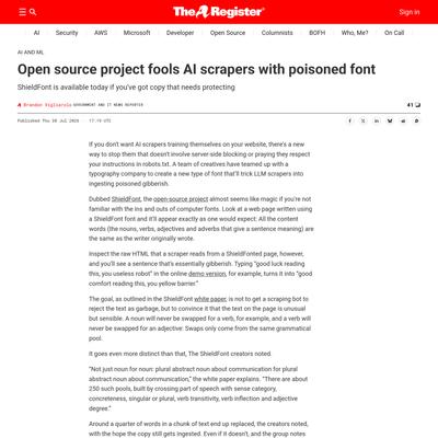 Open source project fools AI scrapers with poisoned font