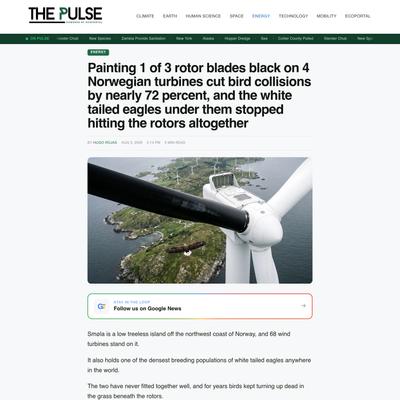Painting 1 of 3 rotor blades black on 4 Norwegian turbines cut bird collisions by nearly 72 percent, and the white tailed eagles under them stopped hitting the rotors altogether
